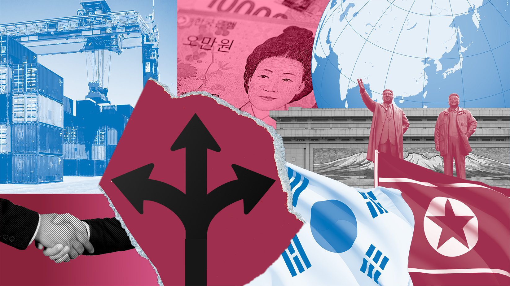 Collage showing global trade and geopolitics: port with containers, torn red panel with arrows, Korea flags, globe, and two statues with a handshake motif.