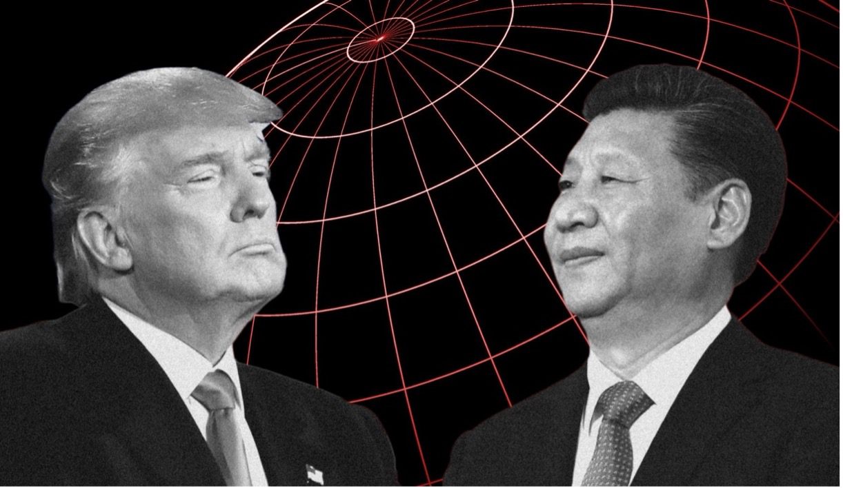 Two male world leaders in suits facing each other against a red wireframe globe background.